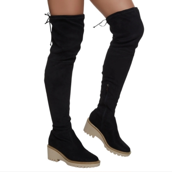 Nicole Miller Bass Black Vegan Leather Grunge Over The Knee Chunky Heeled Boot - Picture 13 of 13